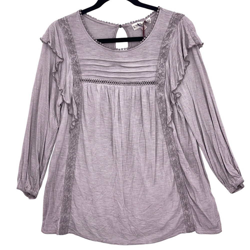 Knox Rose Wisteria Purple Ruffle Crochet Lace Boho Blouse M Pintuck Pleated Top